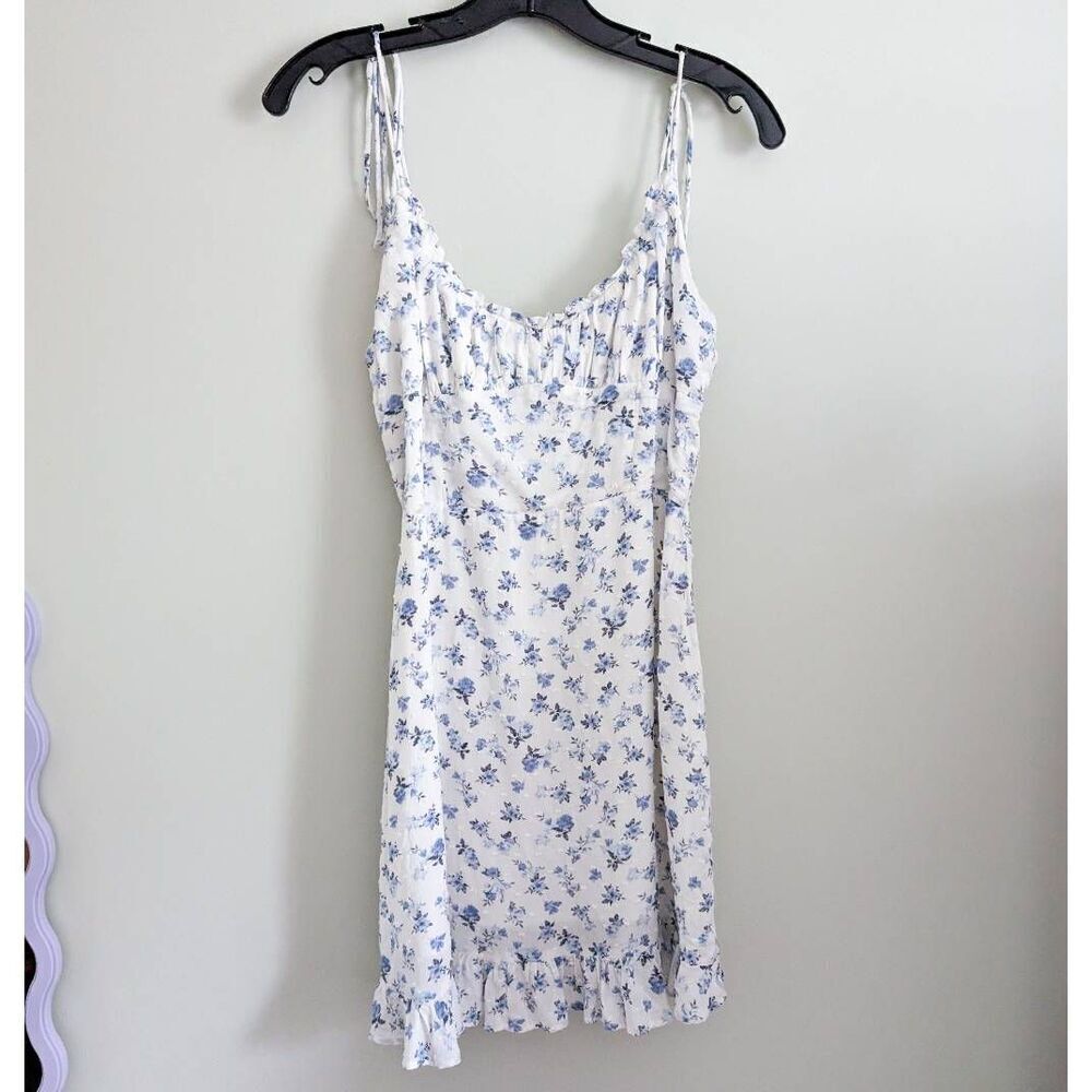 Olivaceous Ruffle White and Blue Floral Dress